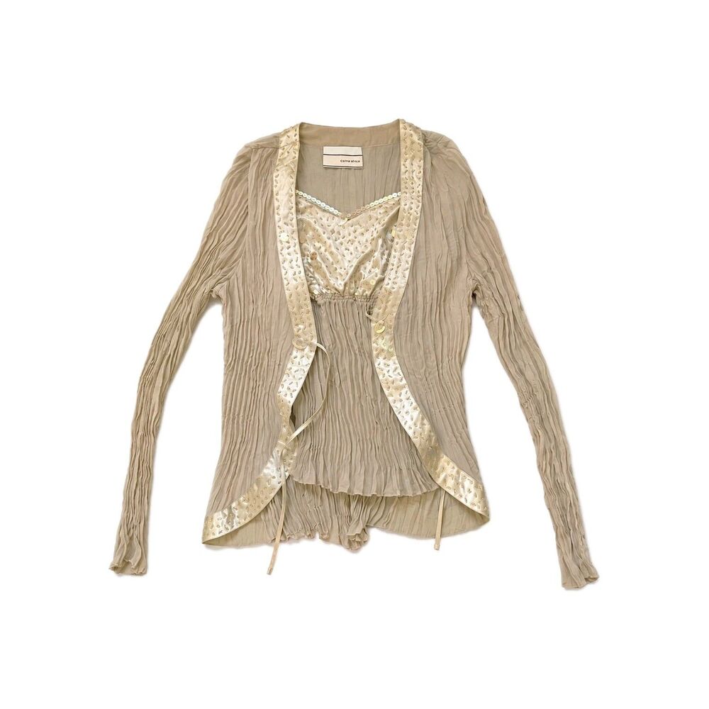 VTG Y2K Carrie Allen 2 Piece Set Beaded Sequin Crinkle Sheer Cami Cardigan M GUC